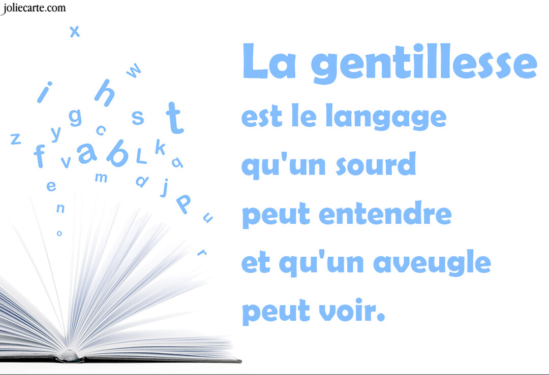 Sur un fond blanc, un livre ouvert d'où s'envolent des lettres bleues à côté d'une citation inspirante sur la gentillesse.