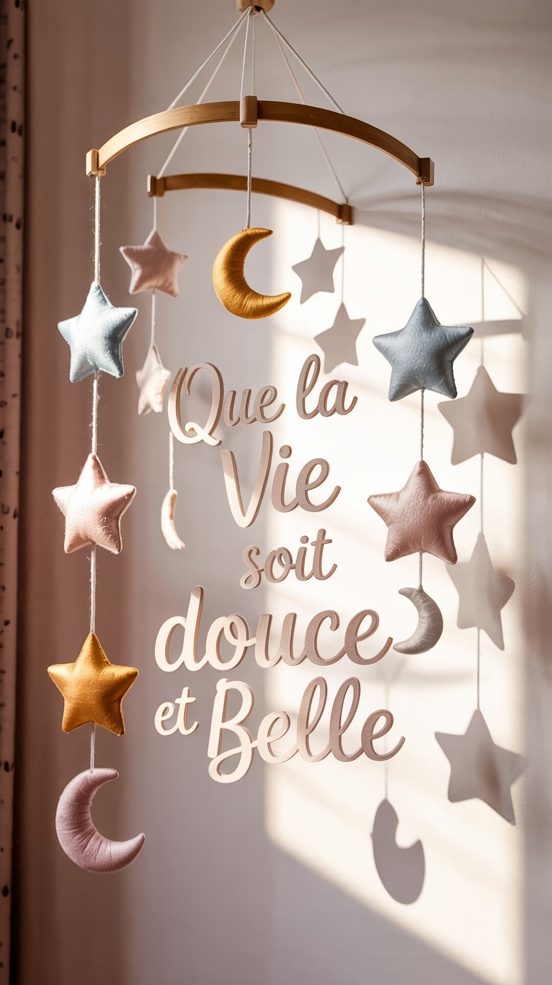 Un mobile de berceau en bois et tissu suspend des étoiles, des lunes et un message calligraphié souhaitant une vie douce et belle.