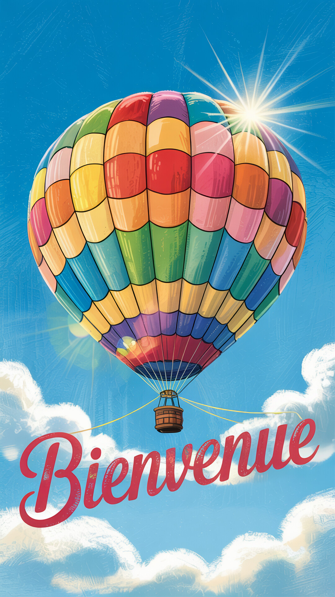 Une montgolfière très colorée vole dans un ciel bleu clair parsemé de nuages, avec un soleil éclatant et le mot 'Bienvenue' au premier plan.