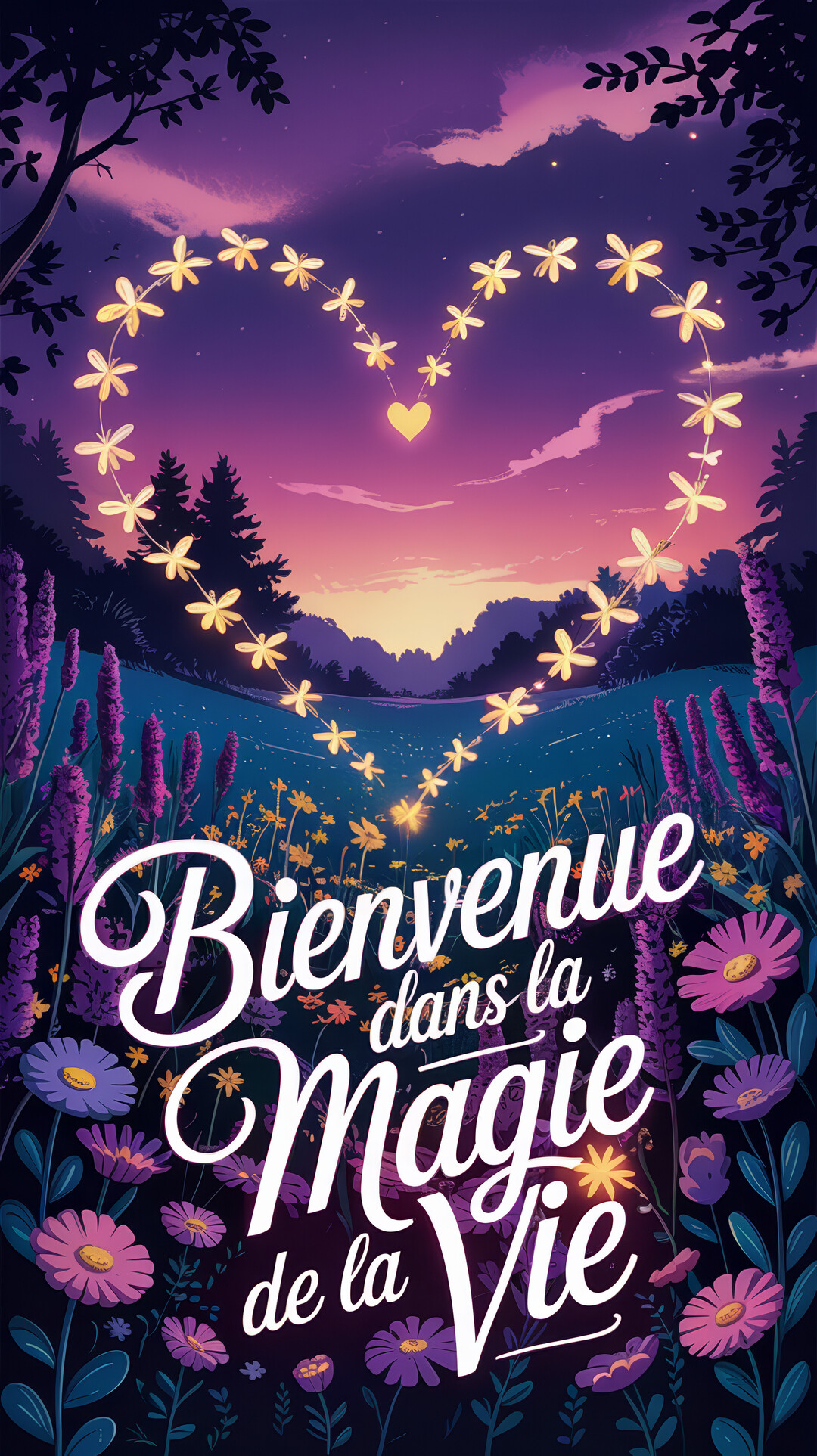 Un champ de fleurs est illuminé la nuit par une guirlande lumineuse en forme de cœur suspendue dans un ciel violet féerique.