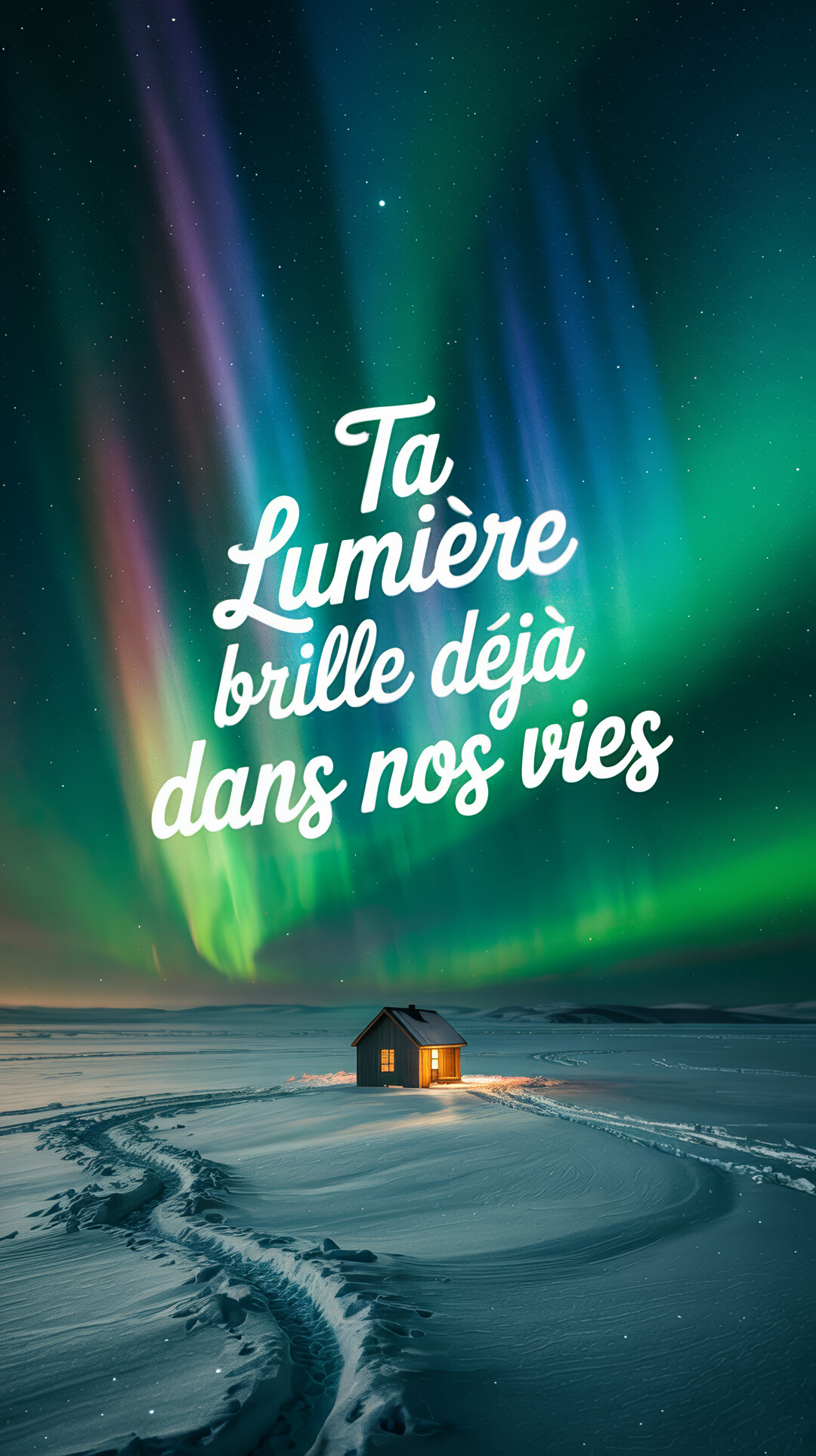 Une petite maison en bois illuminée se dresse dans un paysage de neige, sous un ciel étoilé magnifié par une aurore boréale verte et violette.