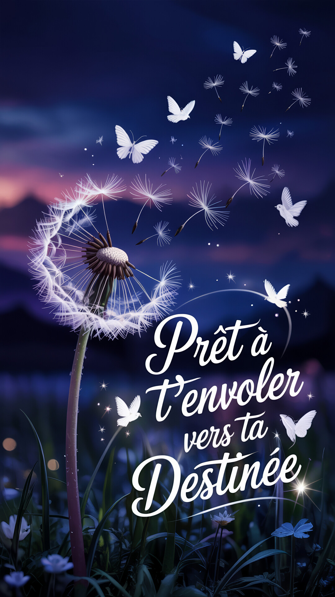 Dans un décor nocturne et féerique, un pissenlit lumineux se disperse en aigrettes qui se métamorphosent en papillons blancs s'élevant vers le ciel.