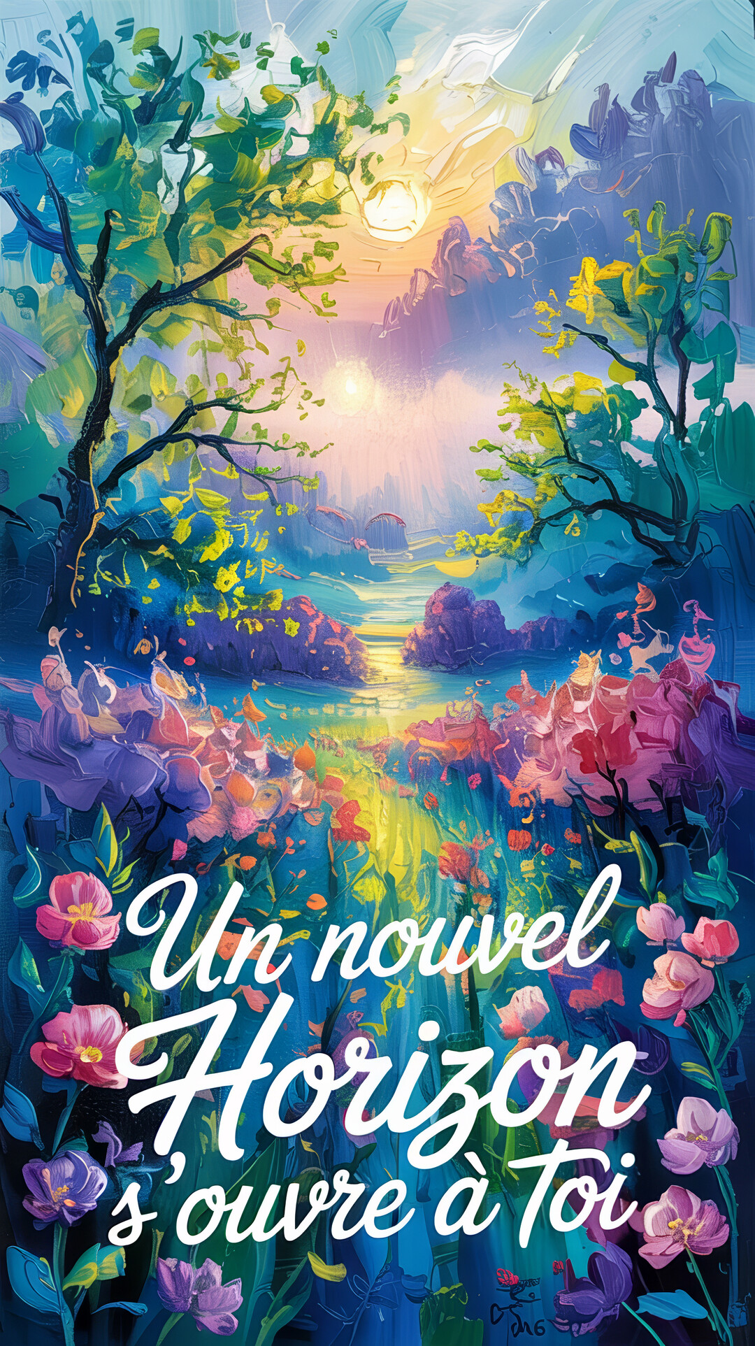 Une peinture de style impressionniste d'un paysage coloré avec des fleurs, des arbres et un soleil brillant à l'horizon lointain.