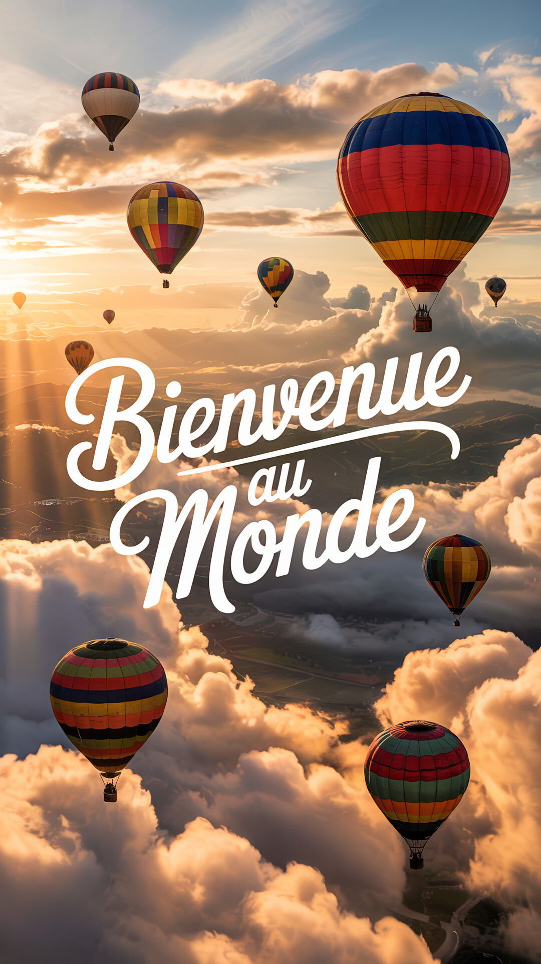 De nombreuses montgolfières colorées flottent au-dessus des nuages dans un ciel au lever du soleil, avec le texte 'Bienvenue au Monde'.