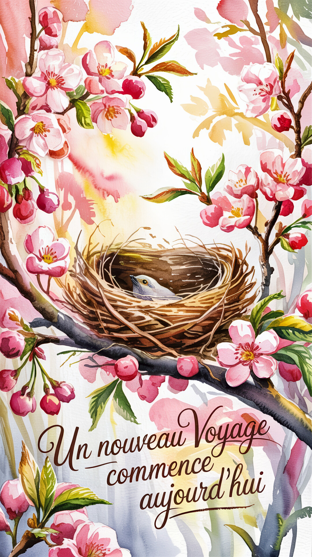 Une peinture à l'aquarelle représente un petit oiseau gris dans son nid de brindilles, posé sur une branche ornée de fleurs de cerisier roses.