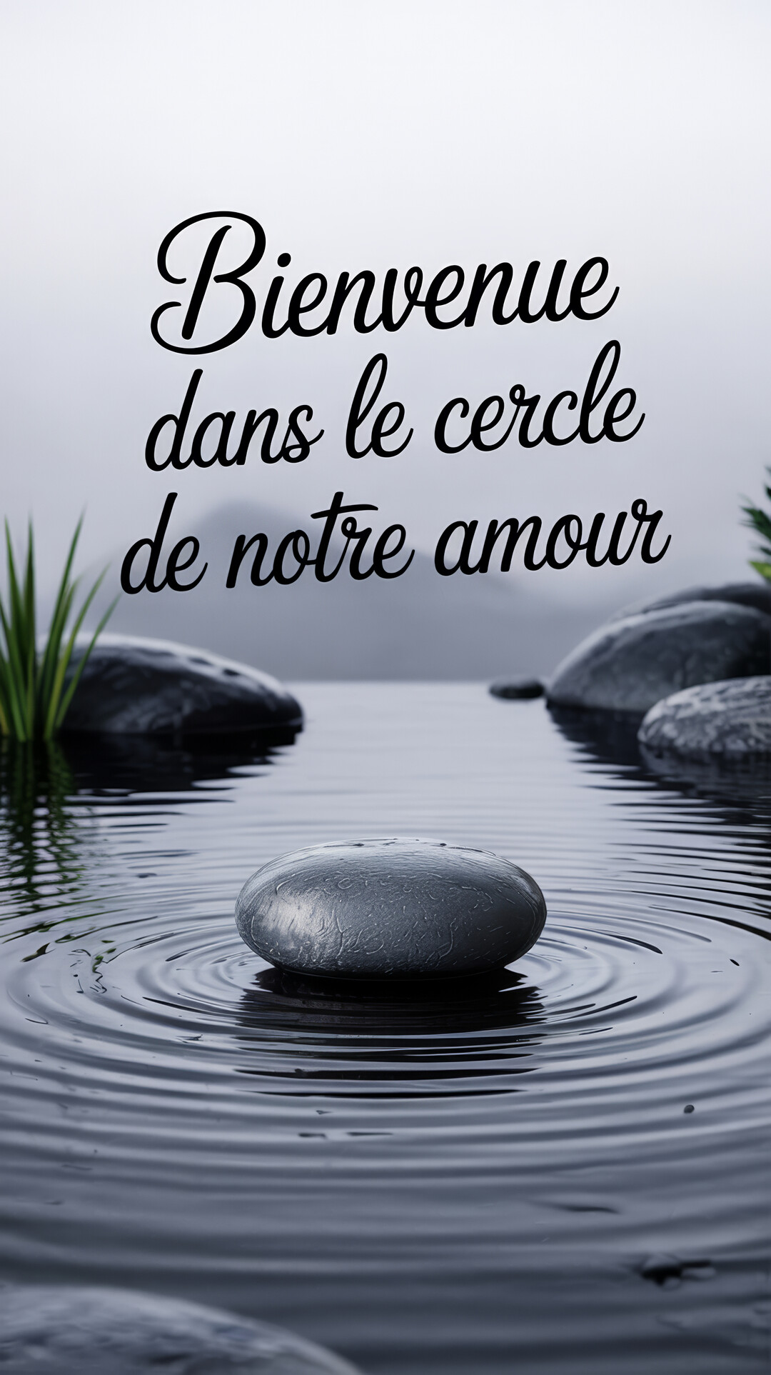 Un galet gris repose dans une eau calme et sombre, générant des ondes concentriques dans une ambiance zen et brumeuse.