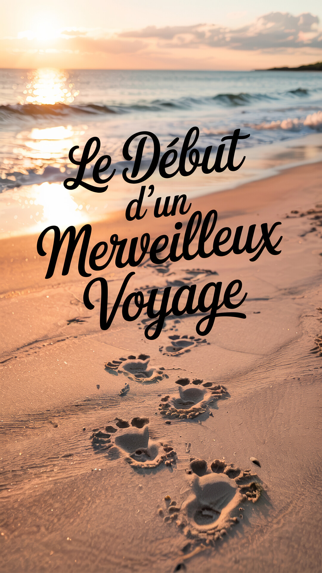 Une scène poétique au coucher du soleil sur une plage, où de petites empreintes de pieds de bébé sont visibles sur le sable humide.
