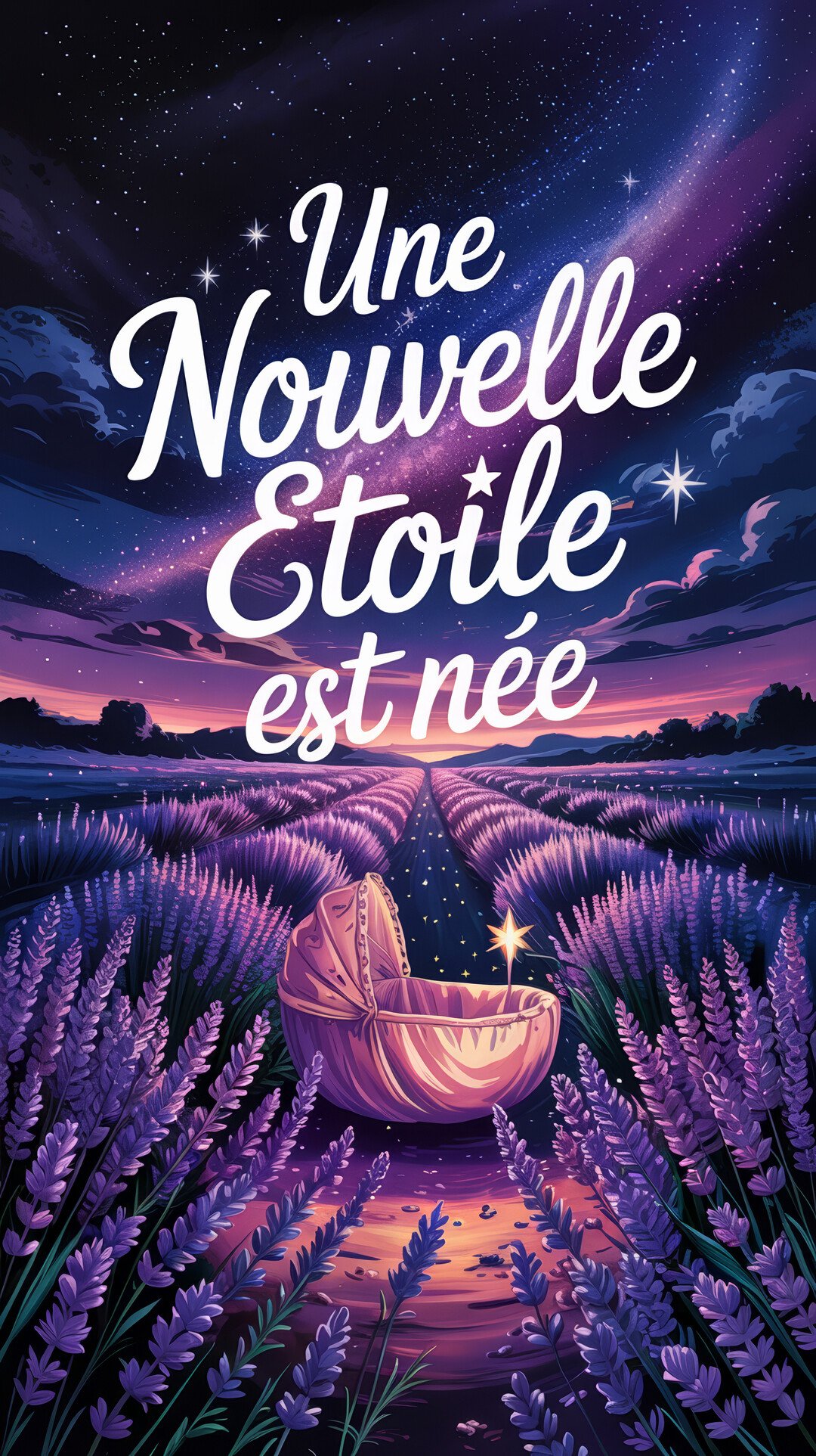 Un berceau repose dans un champ de lavande sous un ciel nocturne étoilé et une voie lactée, illustrant la naissance d'un enfant.