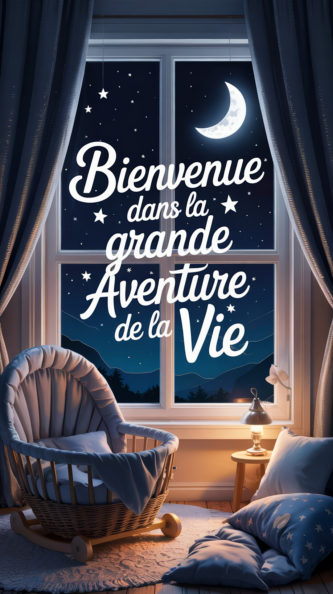 Dans une chambre de bébé cosy, un berceau se tient près d'une fenêtre ouverte sur une nuit étoilée avec un croissant de lune.