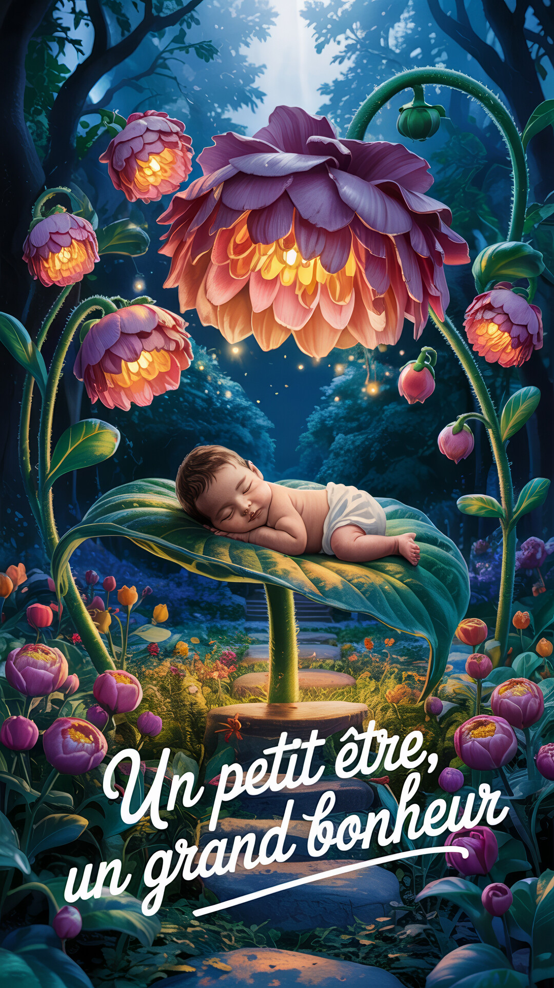 Un nouveau-né dort paisiblement sur une feuille géante, sous une grande fleur lumineuse dans une forêt nocturne et féerique.