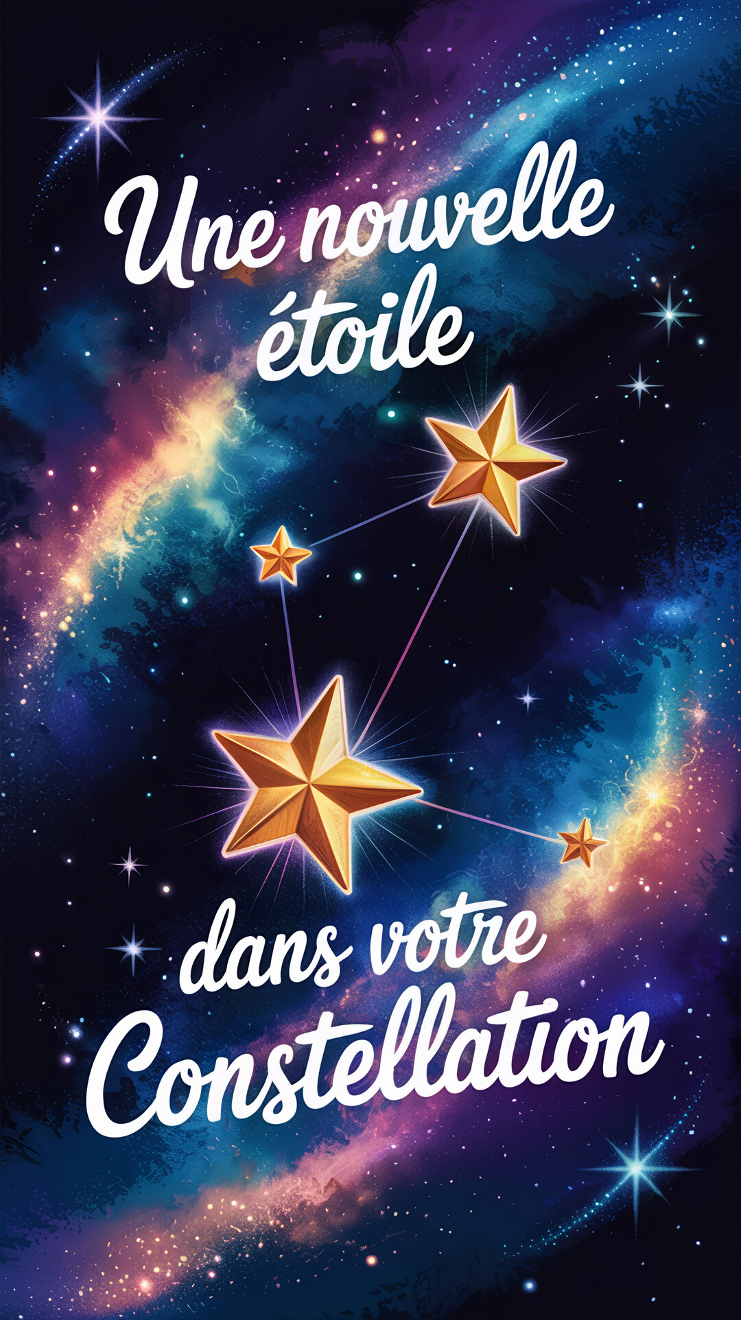 Sur un fond de ciel nocturne cosmique et coloré, des étoiles dorées forment une constellation, illustrant une carte de félicitations pour une naissance.
