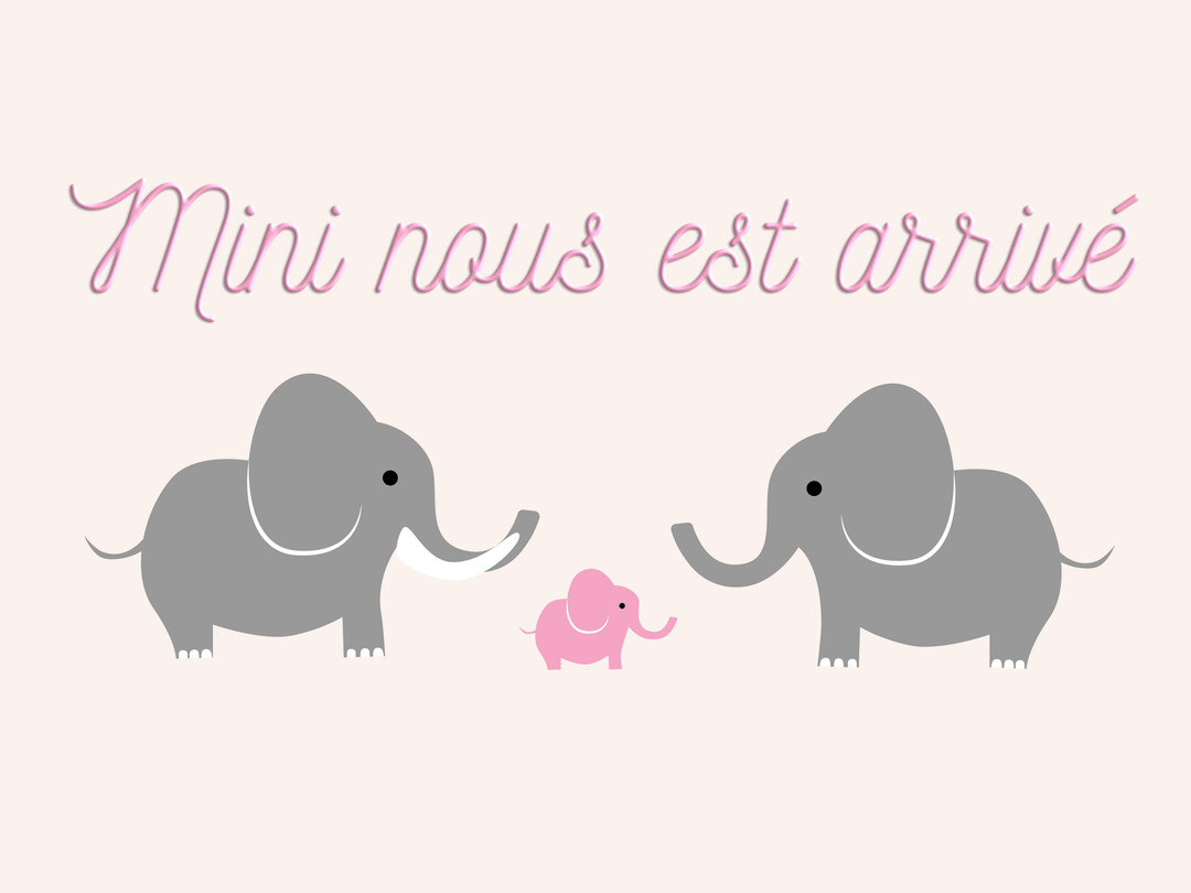 Sur un fond beige, deux éléphants gris stylisés se font face, encadrant un petit éléphanteau rose au centre sous un texte cursif.