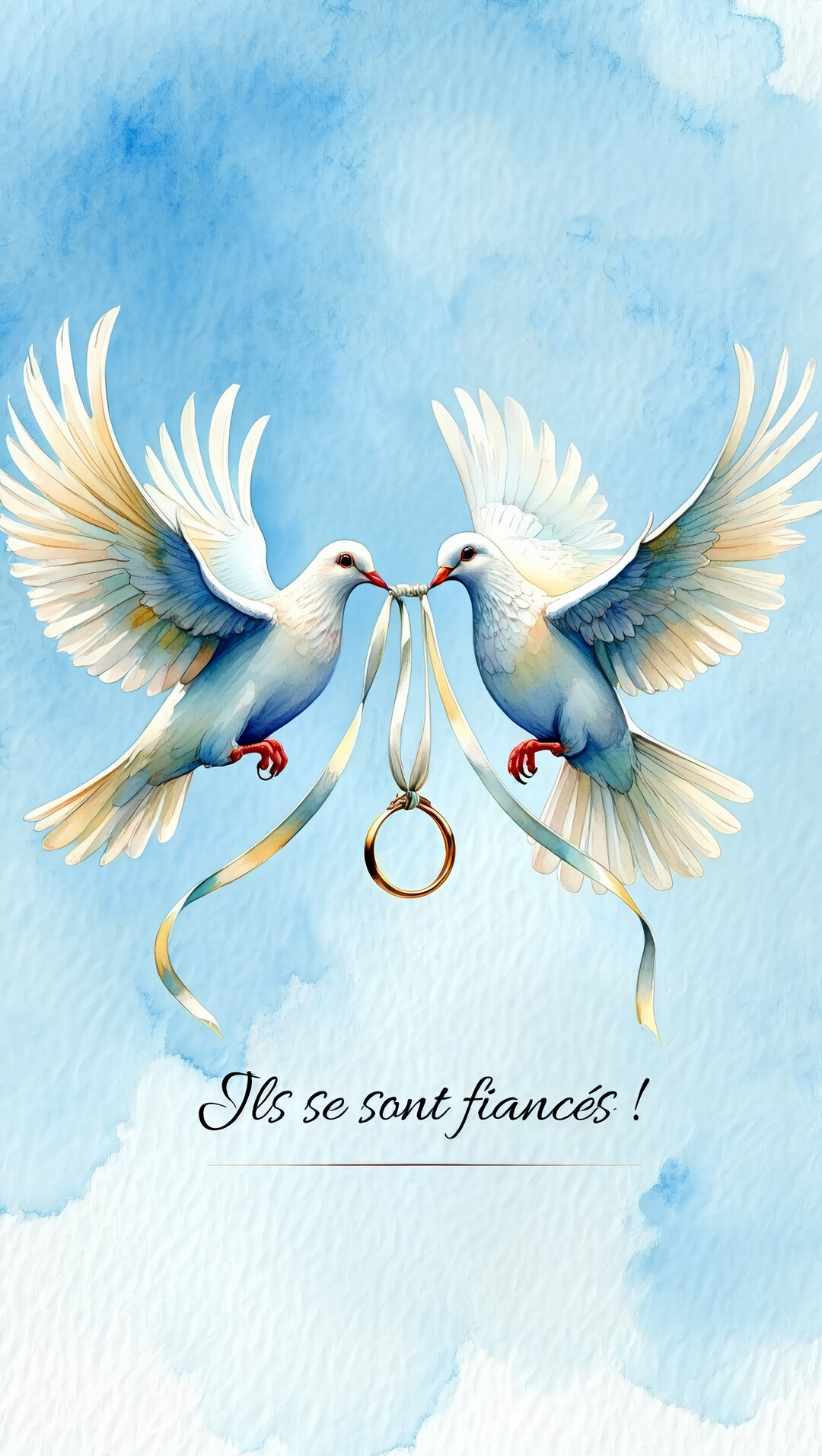 Deux colombes blanches volent face à face, tenant dans leur bec un ruban auquel est suspendue une bague dorée, sur un fond de ciel bleu.