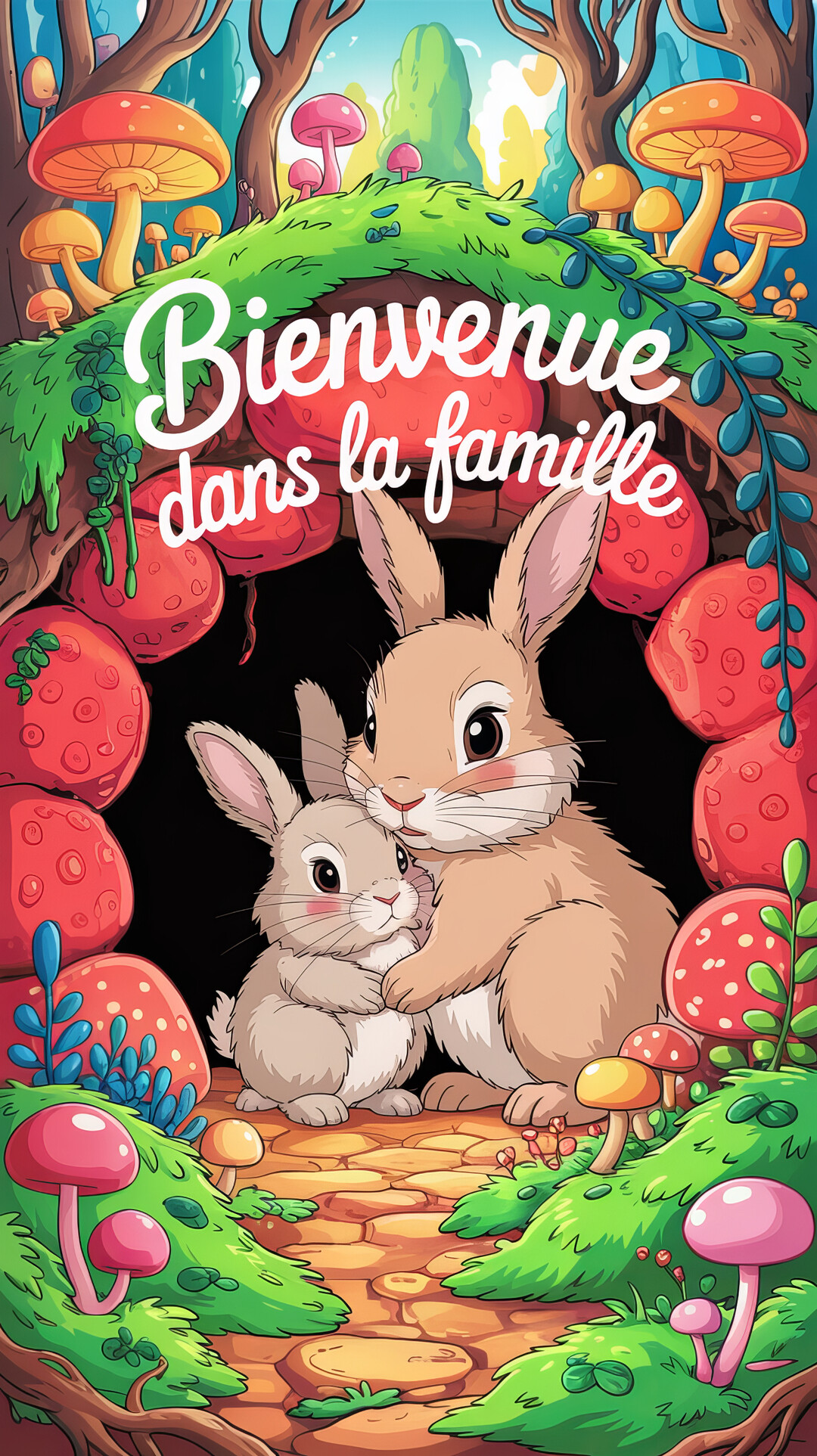 Une maman lapin aimante serre tendrement son lapereau dans ses bras devant leur terrier, dans une forêt enchantée de champignons colorés.