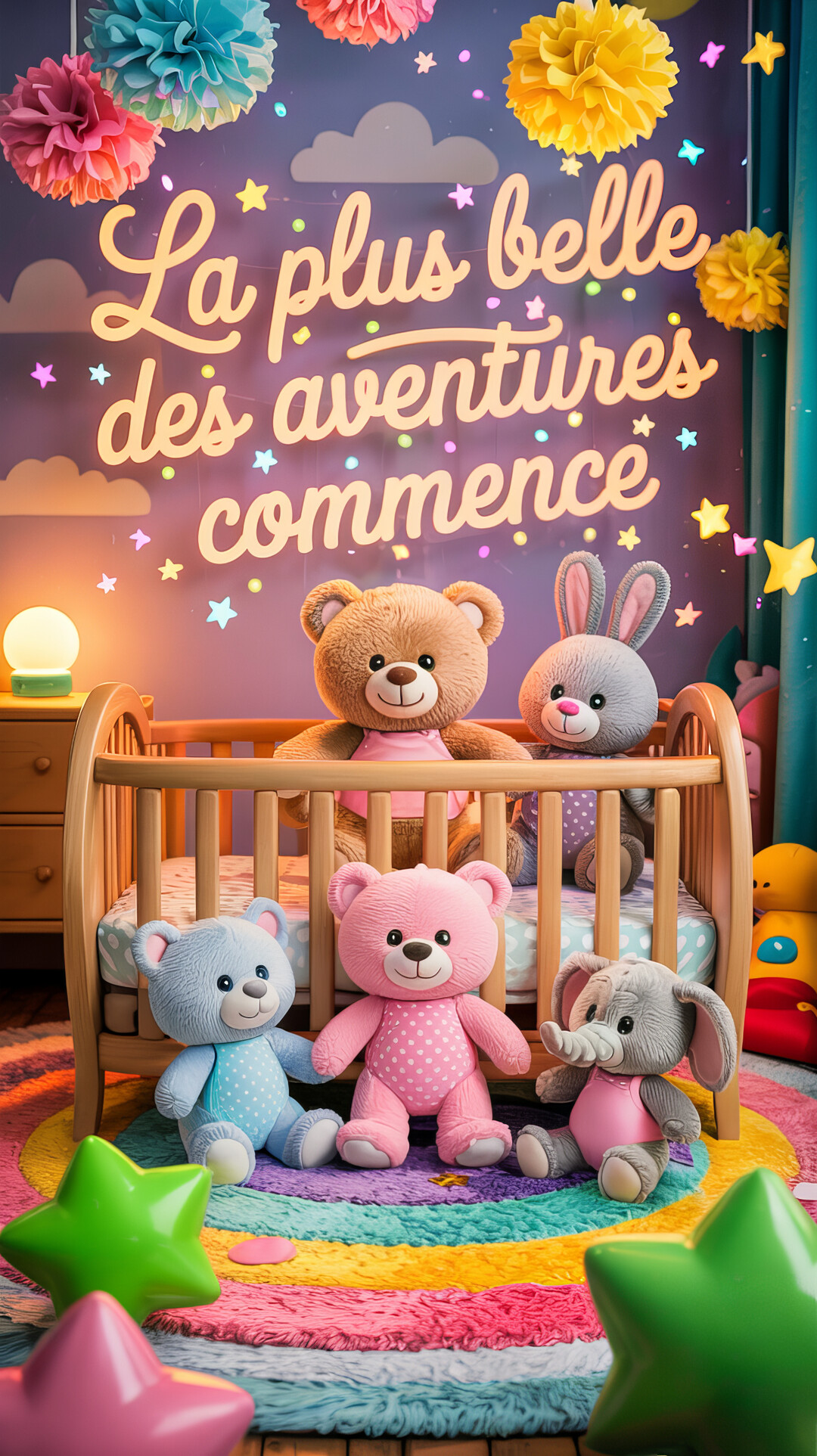 Une scène nocturne dans une chambre d'enfant où des peluches souriantes entourent un berceau en bois, sous un lettrage lumineux et coloré.