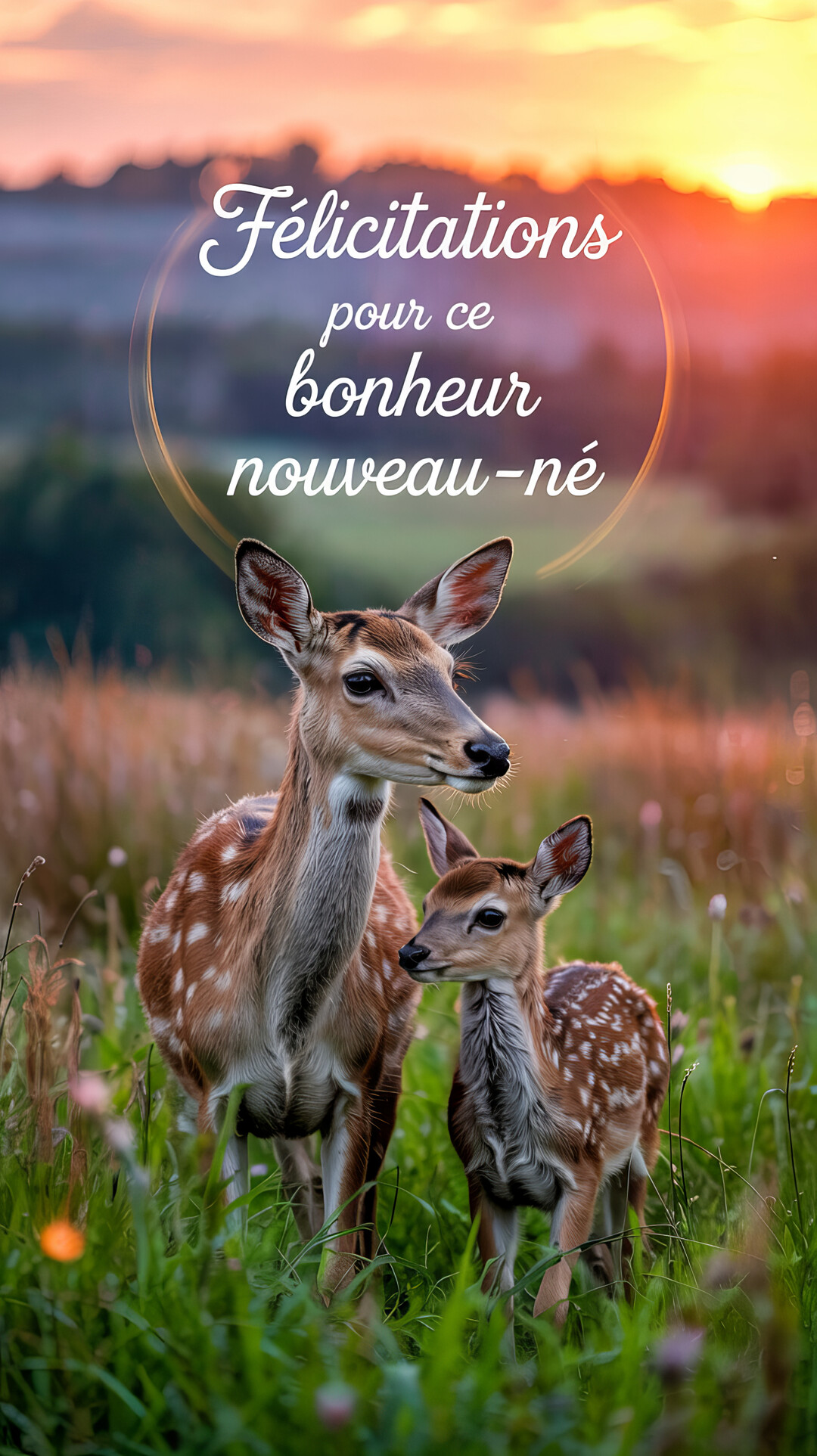 Une biche et son faon se tiennent proches l'un de l'autre dans un champ d'herbes hautes, baignés par la lumière dorée du soleil couchant.