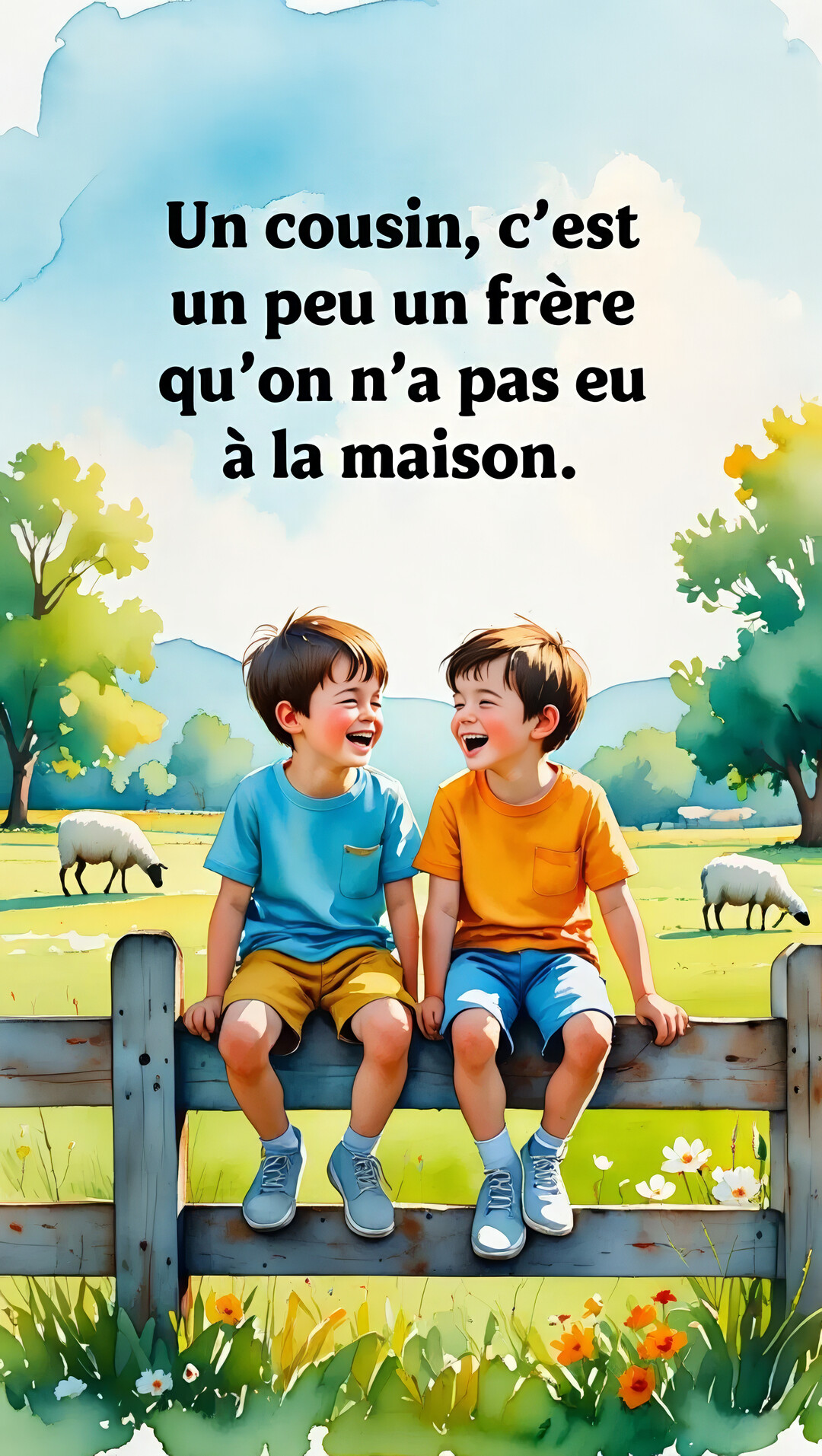 Deux jeunes garçons rient ensemble, assis côte à côte sur une clôture en bois dans un paysage champêtre verdoyant avec des moutons.