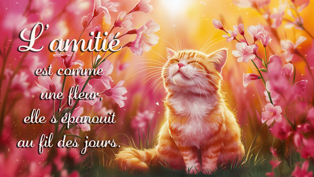 Un chaton roux aux yeux fermés est assis dans un champ de fleurs roses et baigne dans une chaude lumière dorée et poétique.