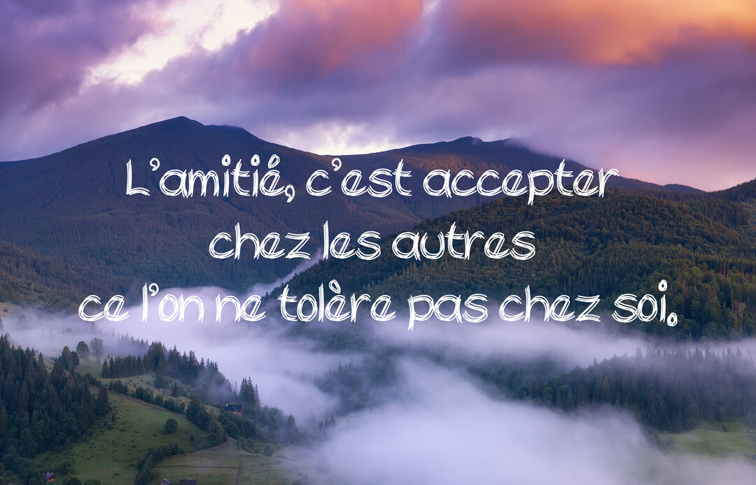 Un paysage de montagnes verdoyantes enveloppées dans une mer de brume, sous un ciel nuageux aux teintes violettes, avec une citation sur l'amitié.