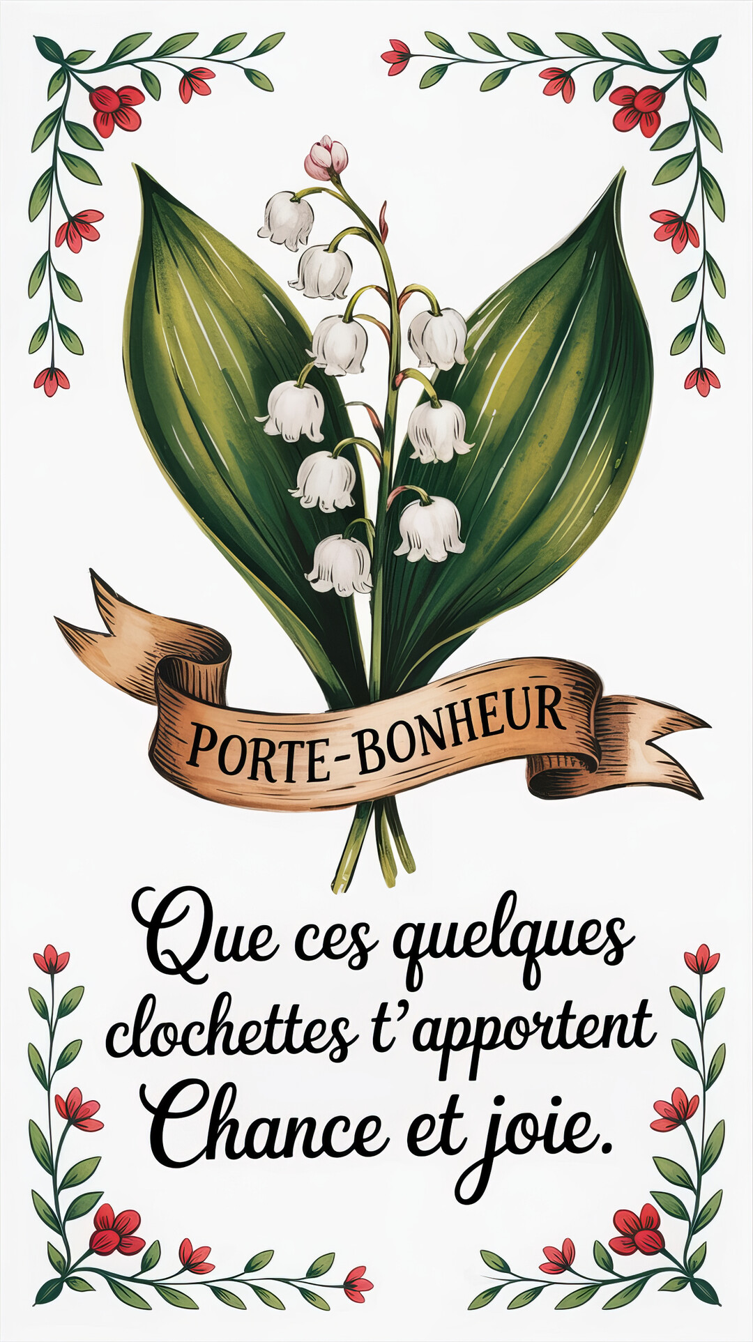 Illustration d'un brin de muguet avec ses clochettes blanches, entouré d'un ruban 'Porte-Bonheur' sur un fond blanc avec un cadre floral.