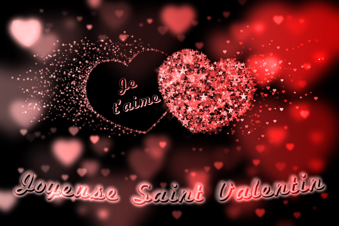Sur un fond noir, deux cœurs rouges scintillants d'étoiles accompagnent les textes 'Je t'aime' et 'Joyeuse Saint Valentin' en lettrage lumineux.