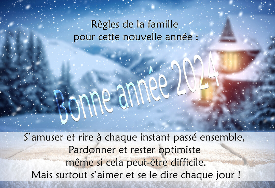 Paysage de montagne enneigé la nuit, avec un chalet illuminé en arrière-plan et un texte de vœux pour la nouvelle année 2025.