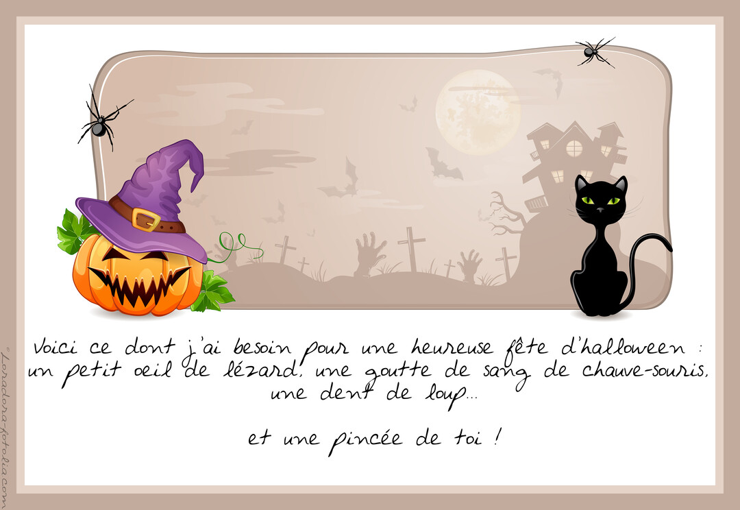 Une scène d'Halloween illustrée avec une citrouille-lanterne coiffée, un chat noir près d'un cimetière sous la lune, et un message manuscrit affectueux.