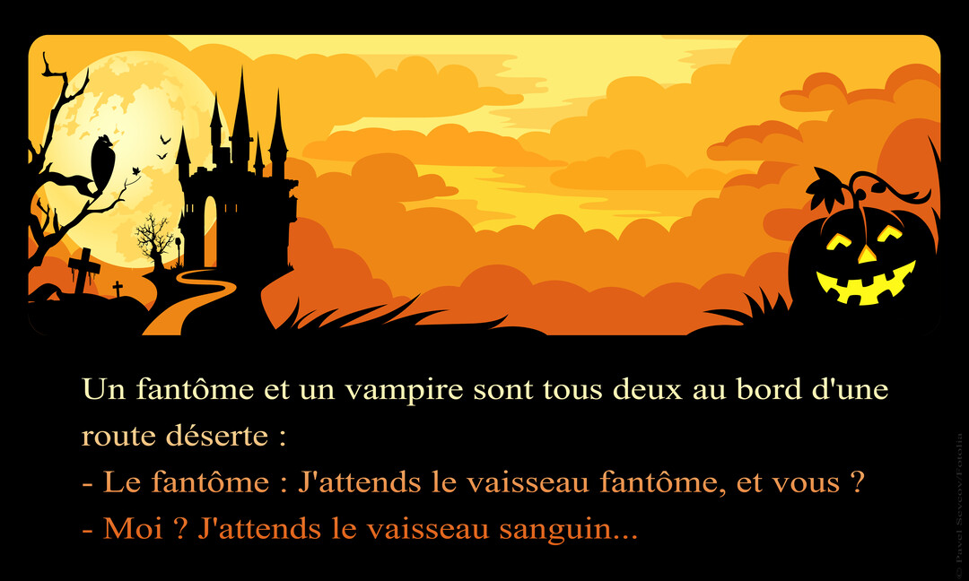 Paysage d'Halloween en silhouette noire et orange, avec un château hanté, une citrouille et le texte d'une blague de vampire.