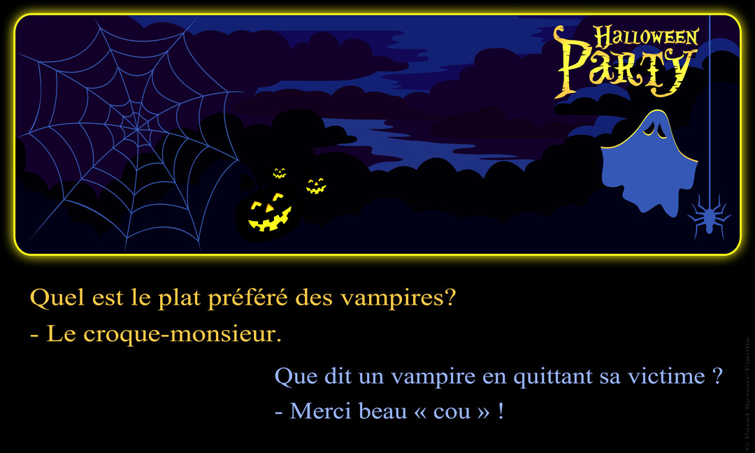 Une scène nocturne d'Halloween avec un fantôme, des citrouilles, une araignée et des blagues sur les vampires écrites en dessous de l'illustration.