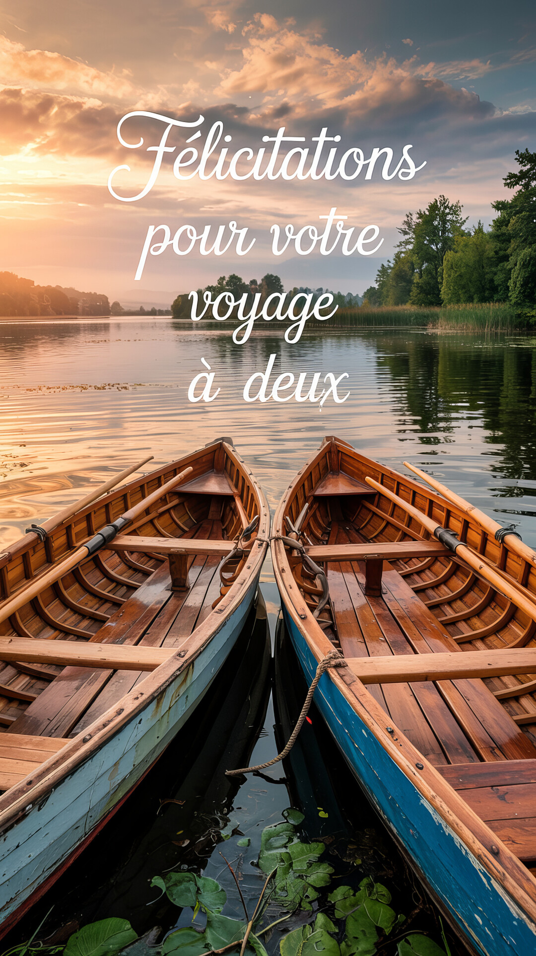 Deux barques en bois flottent paisiblement côte à côte sur un lac au crépuscule, symbolisant un parcours de vie partagé à deux.