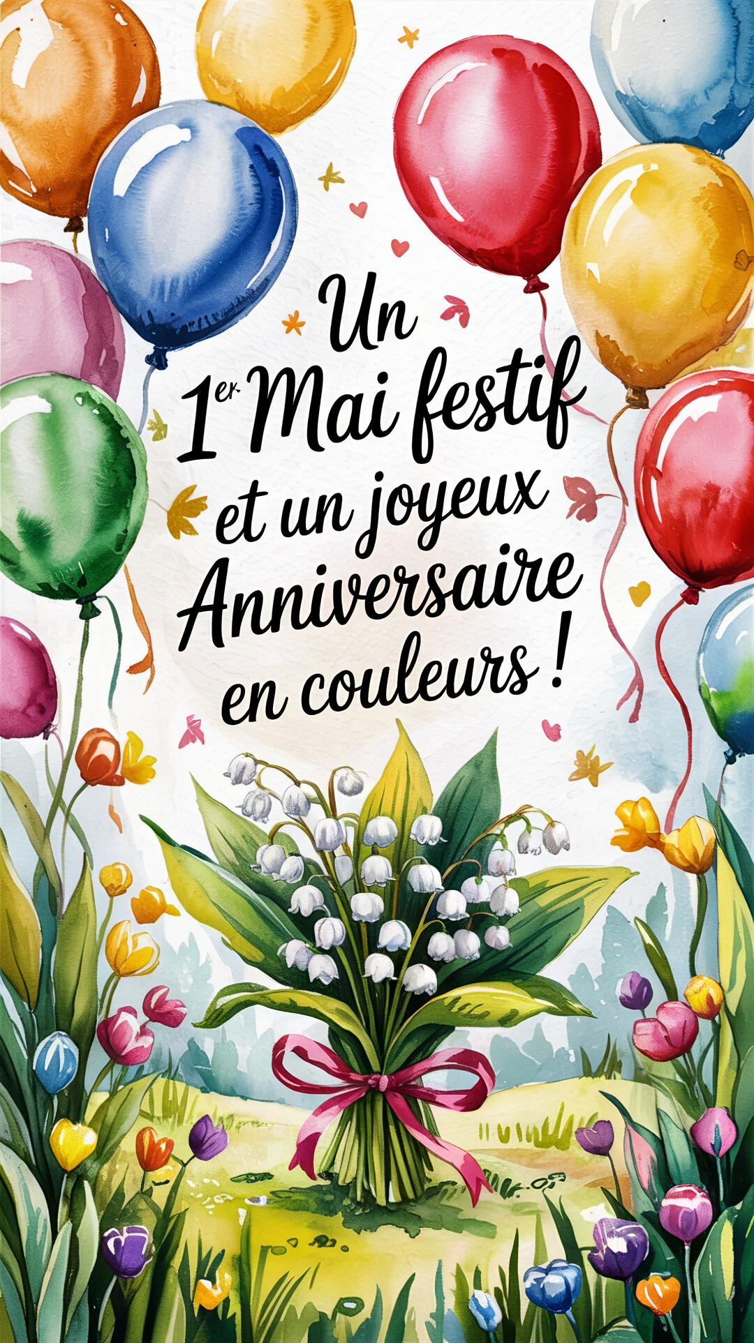 Une illustration à l'aquarelle de ballons festifs flottant au-dessus d'un bouquet de muguet, avec un texte de vœux combinés au centre.