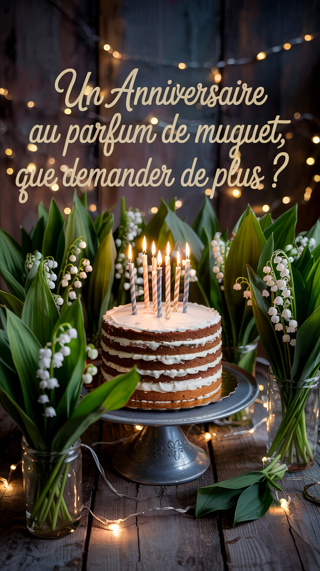 Sur une table en bois rustique, un gâteau d'anniversaire avec des bougies est entouré de vases remplis de muguet et d'une guirlande lumineuse.