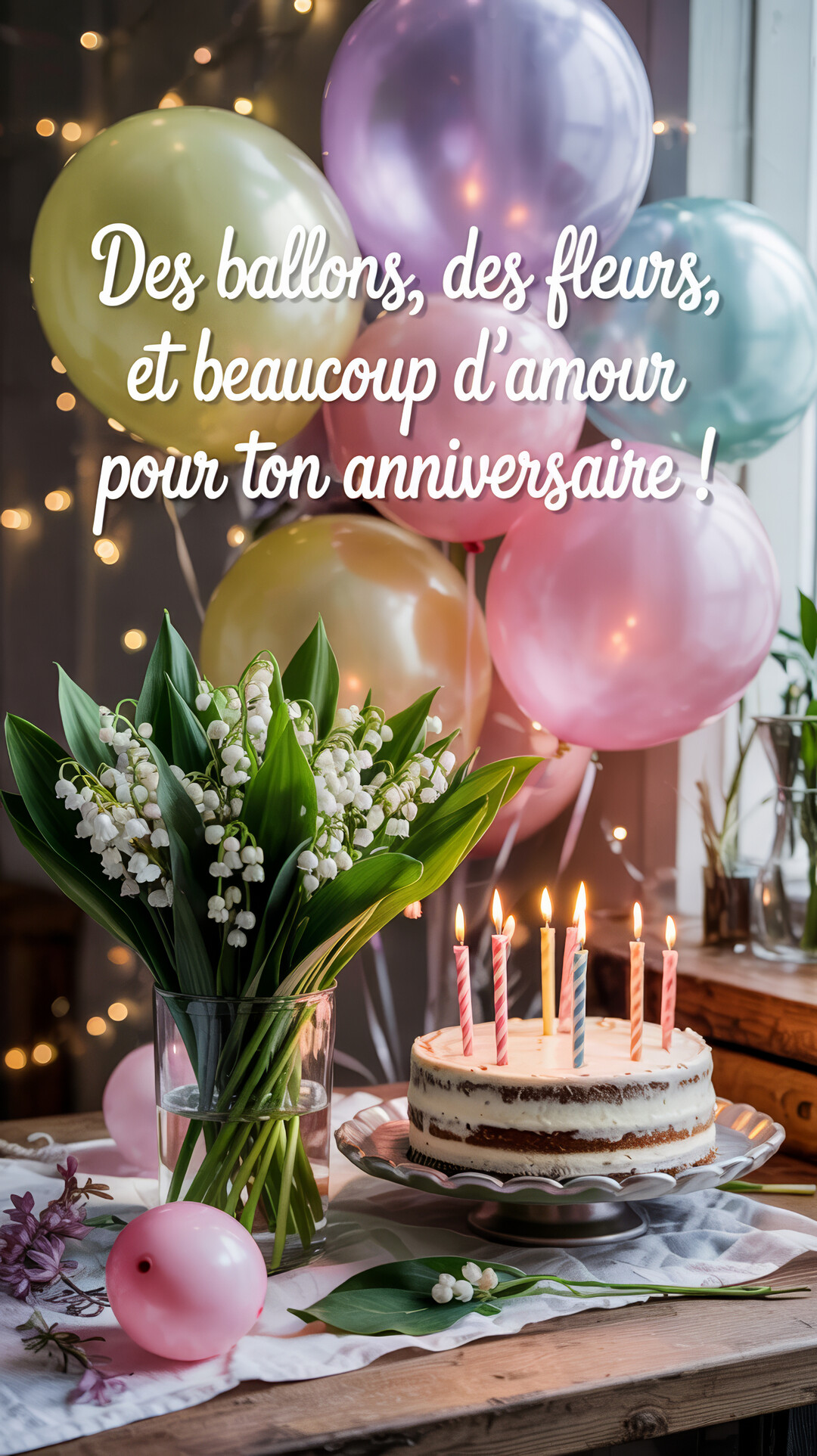 Une scène de fête d'anniversaire chaleureuse avec un gâteau illuminé par des bougies, un bouquet de muguet et des ballons multicolores en arrière-plan.