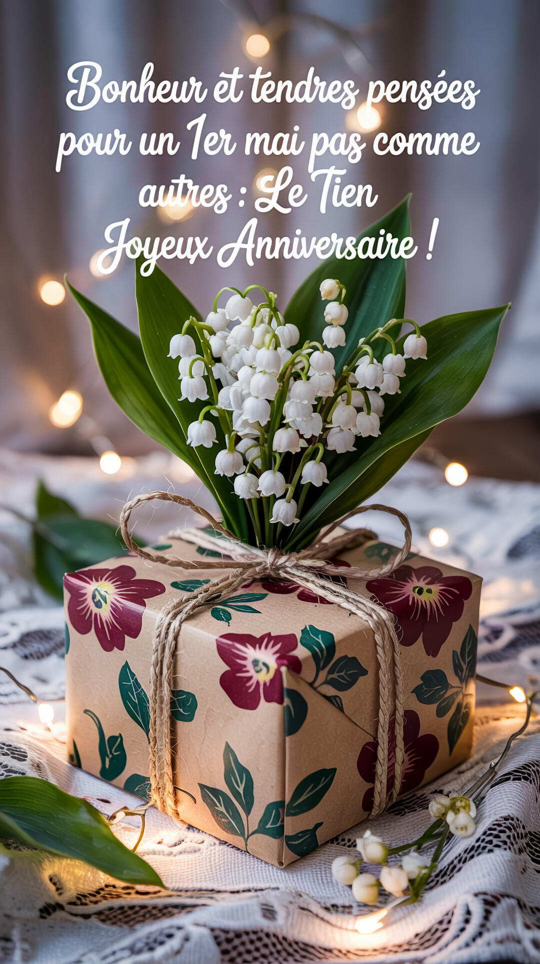 Un bouquet de muguet blanc est posé sur un paquet cadeau décoré de fleurs, avec des lumières chaudes et une nappe en dentelle.