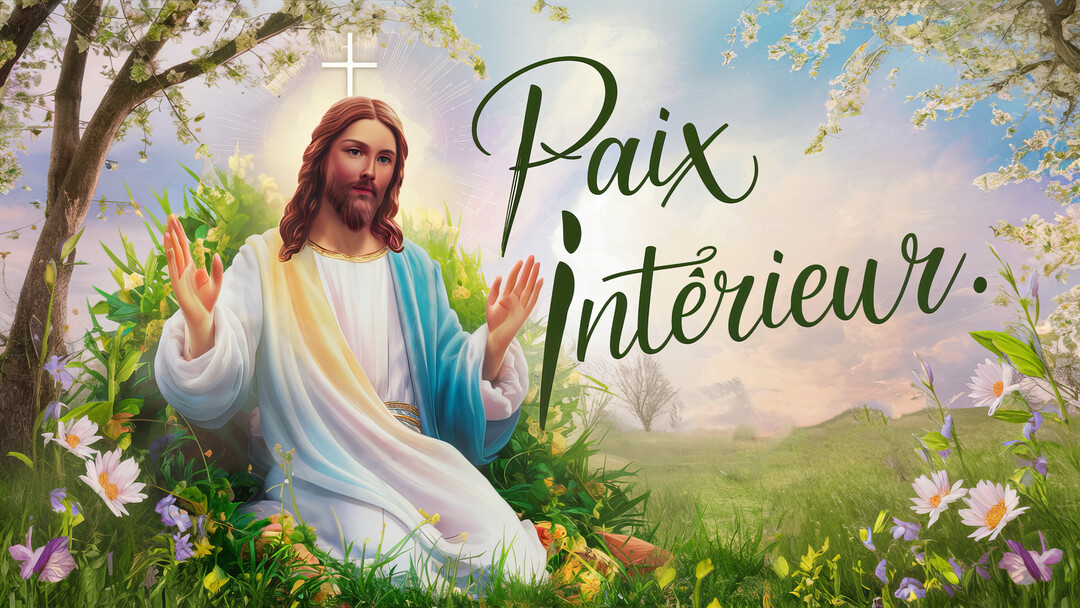 Jésus, auréolé d'une croix lumineuse, est agenouillé dans un pré fleuri, offrant un geste de paix sous l'inscription manuscrite 'Paix Intérieur'.