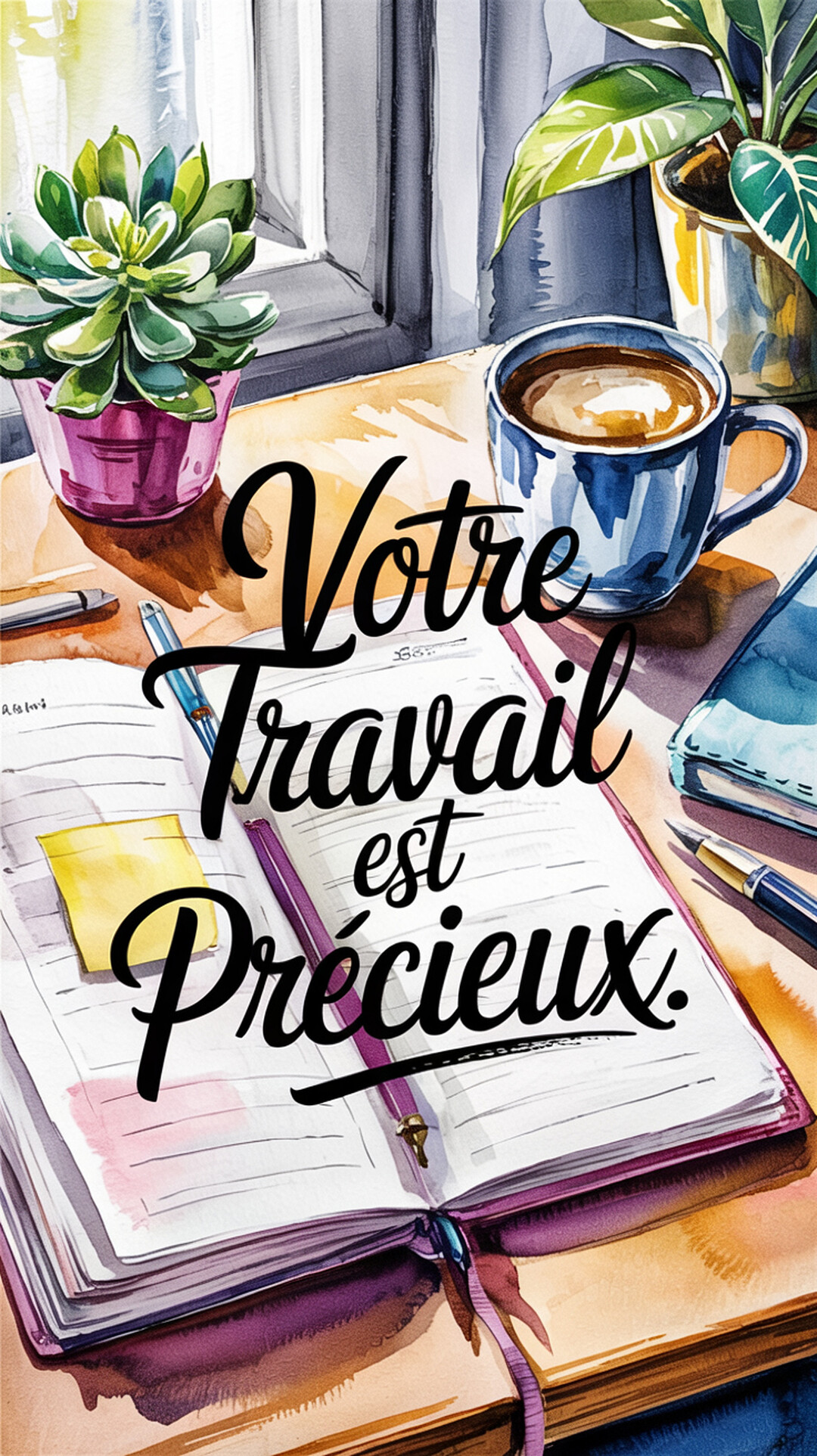 Une illustration à l'aquarelle d'un bureau avec un agenda ouvert, un café, et des plantes, surmontée du texte 'Votre Travail est Précieux'.