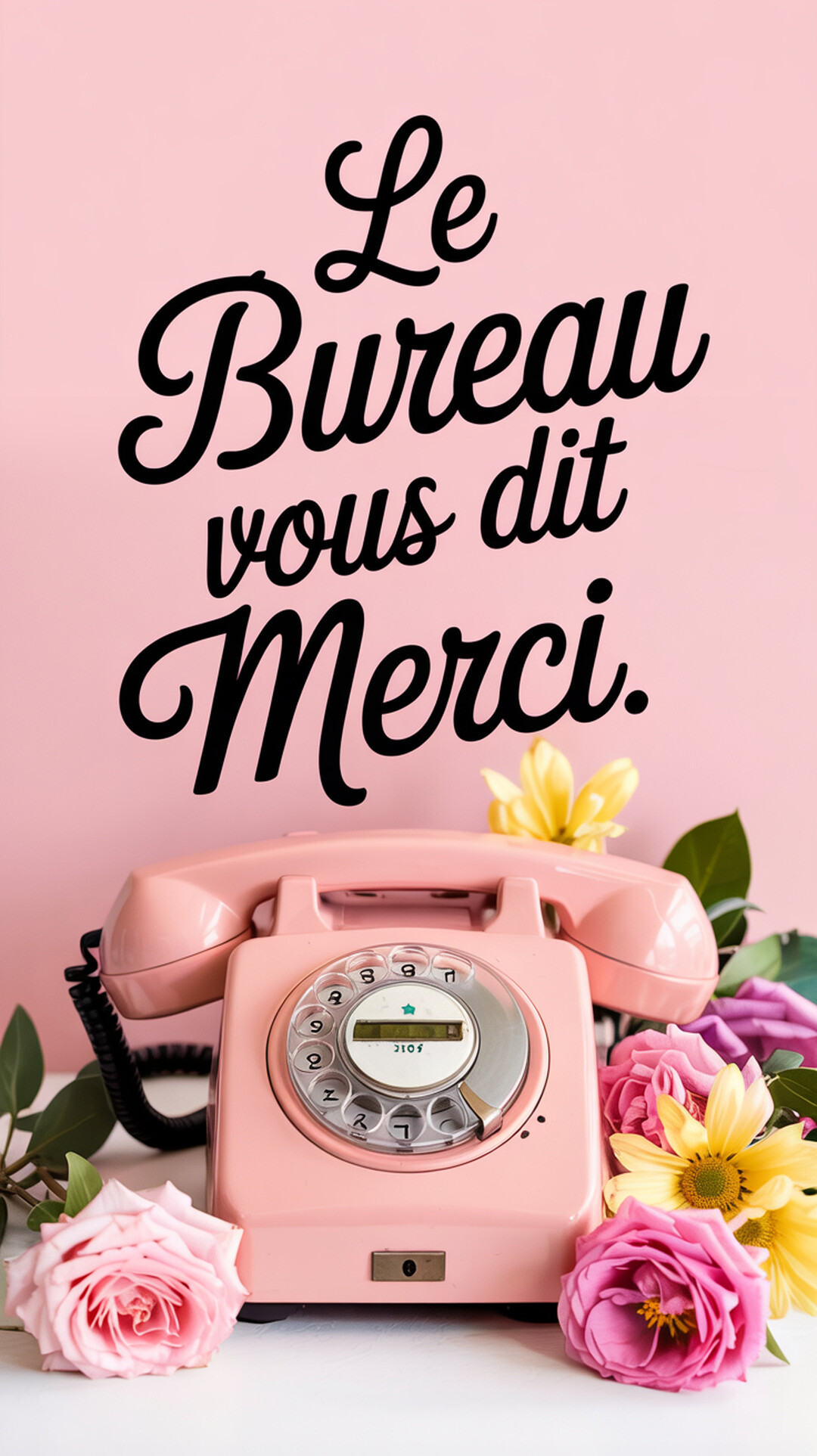 Un téléphone rose à cadran de style vintage est posé au milieu de fleurs roses et jaunes, surmonté du texte calligraphié 'Le Bureau vous dit Merci'.