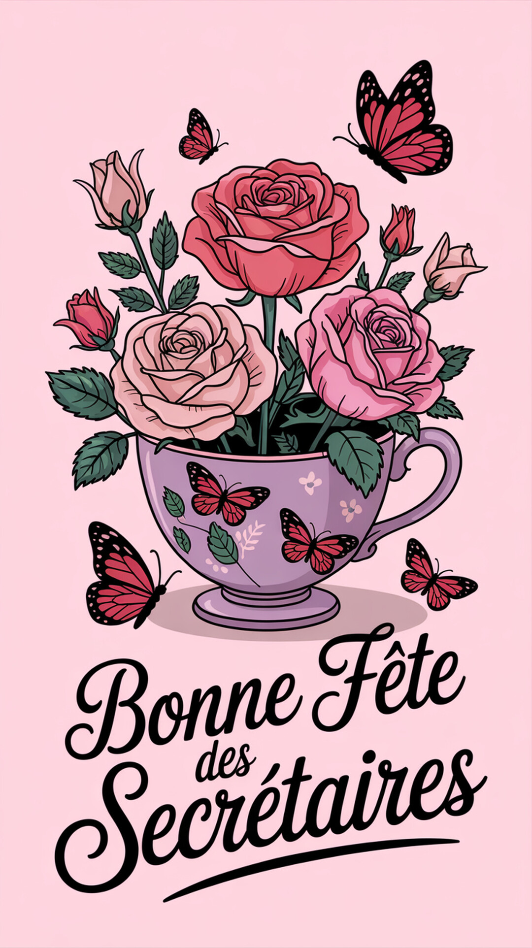 Une illustration de style rétro montrant un bouquet de roses dans une tasse, entouré de papillons animés, sur un fond rose uni.
