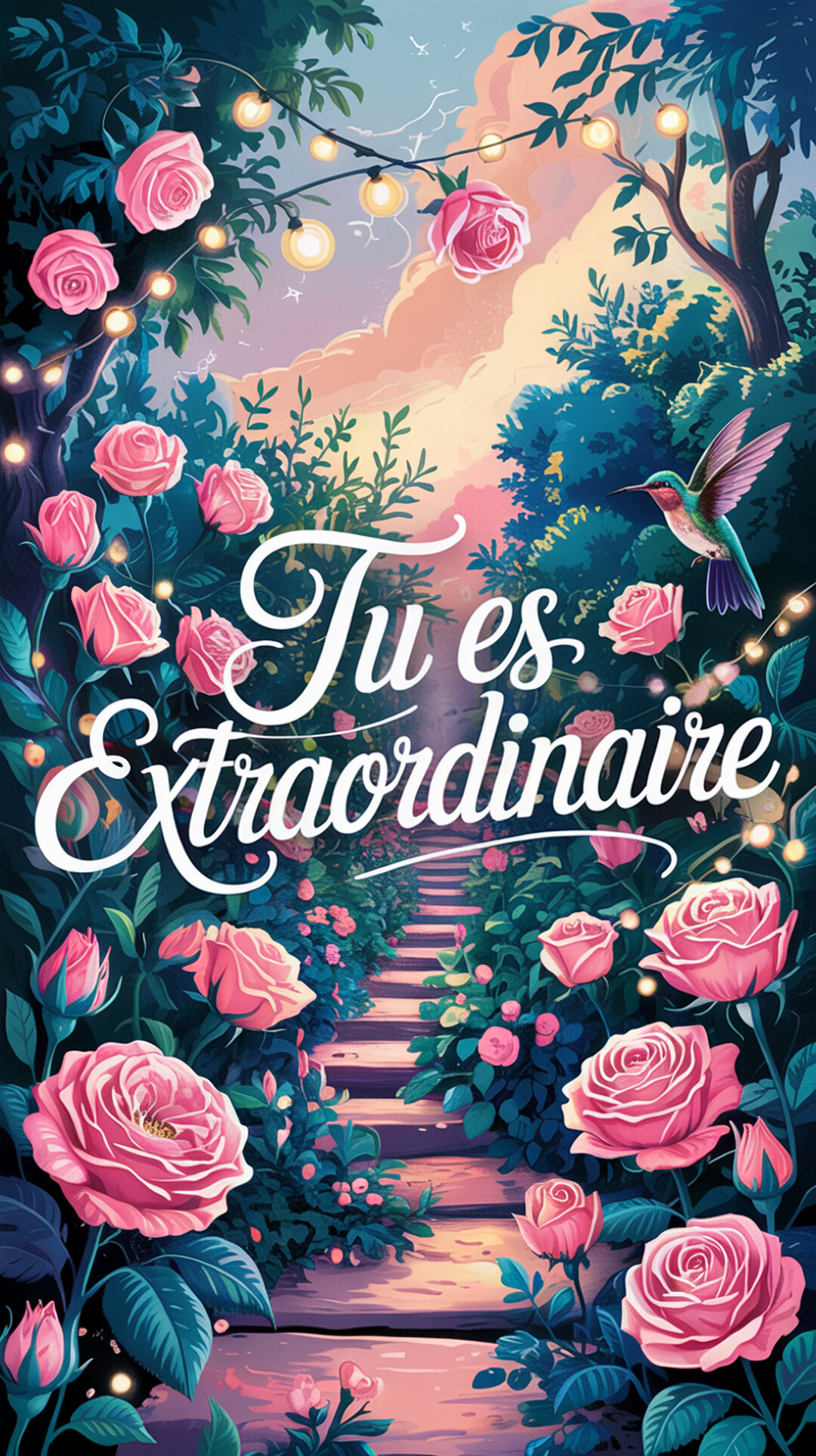 Un jardin enchanté la nuit, avec un sentier illuminé par des guirlandes et bordé de roses luxuriantes, portant l'inscription 'Tu es Extraordinaire'.