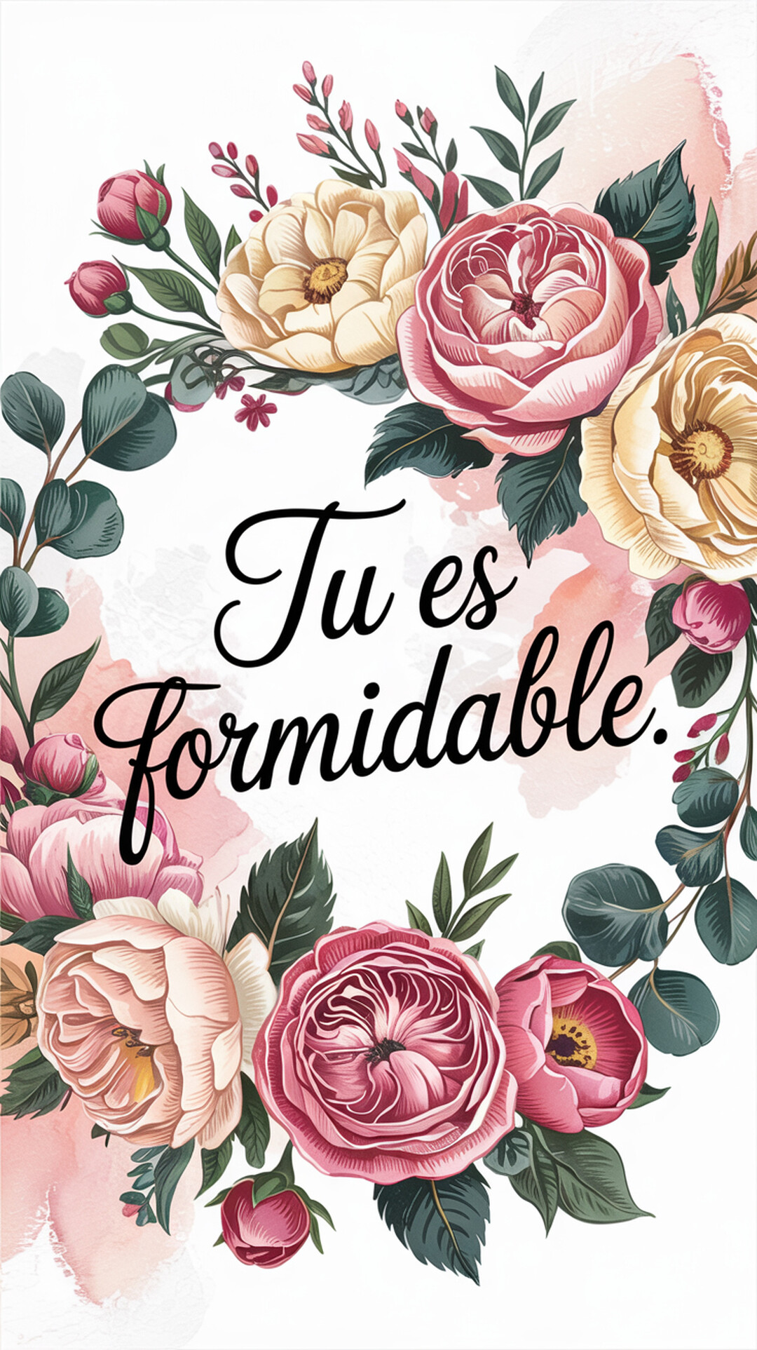 Une carte de vœux verticale avec l'inscription 'Tu es formidable' au centre, encadrée par une illustration de roses et feuillage style aquarelle.
