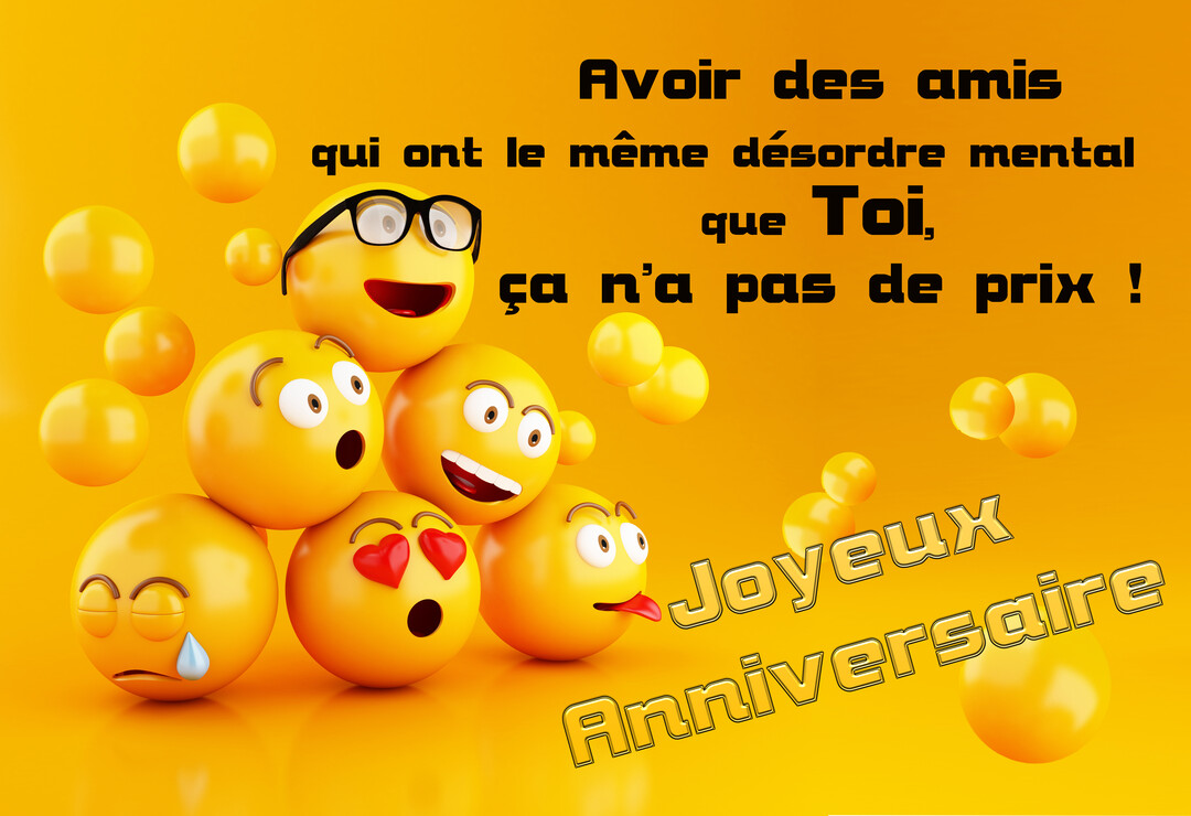 Une pile d'émojis 3D jaunes sur fond orange, affichant des émotions variées comme la joie, l'amour et la surprise, illustrant un message humoristique.